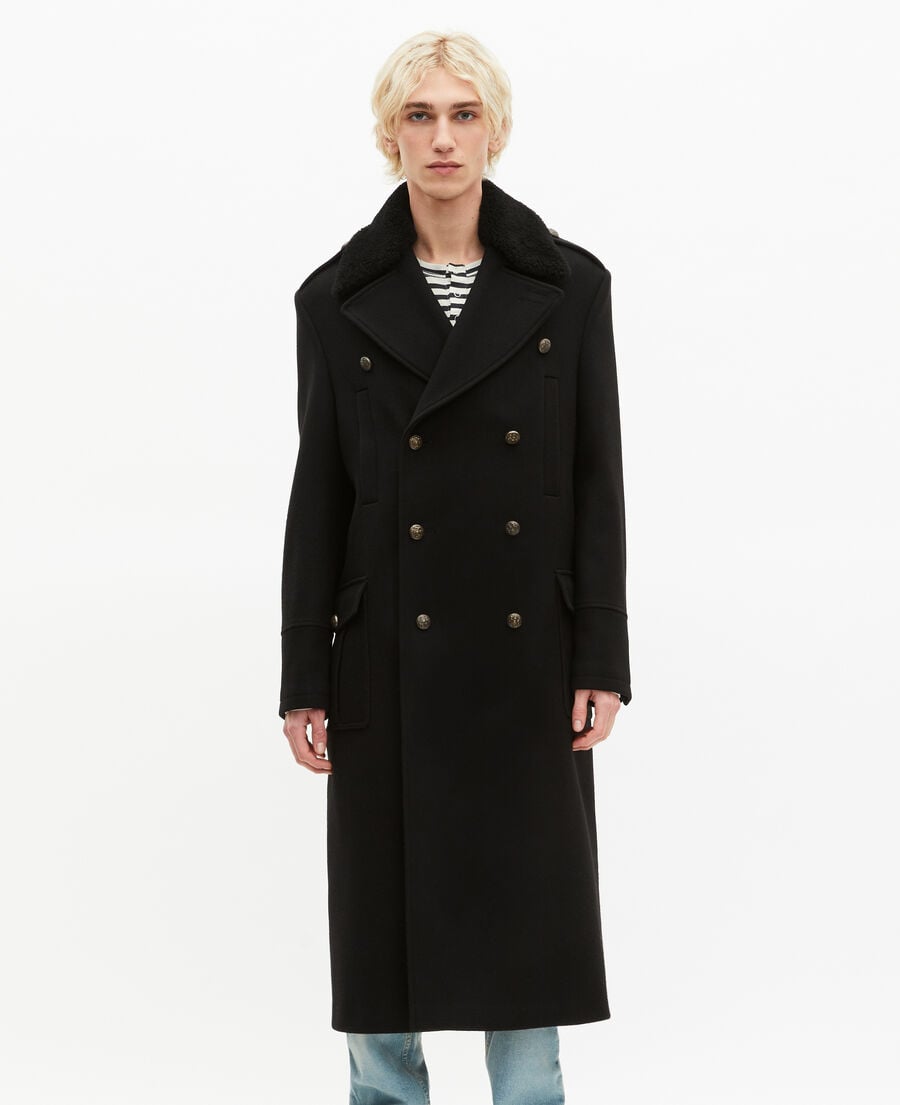 The Kooples H BLACK long black wool coat with sherpa collar