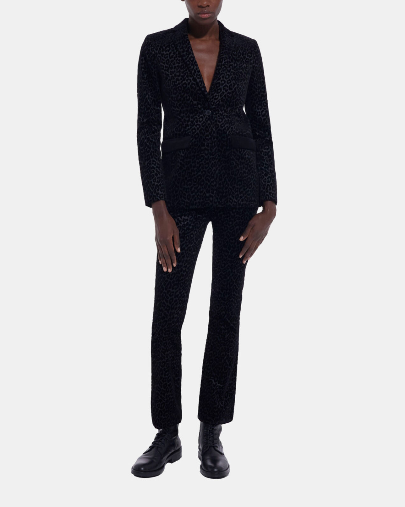 The Kooples FEMME BLACK veste de costume en velours léopard noire