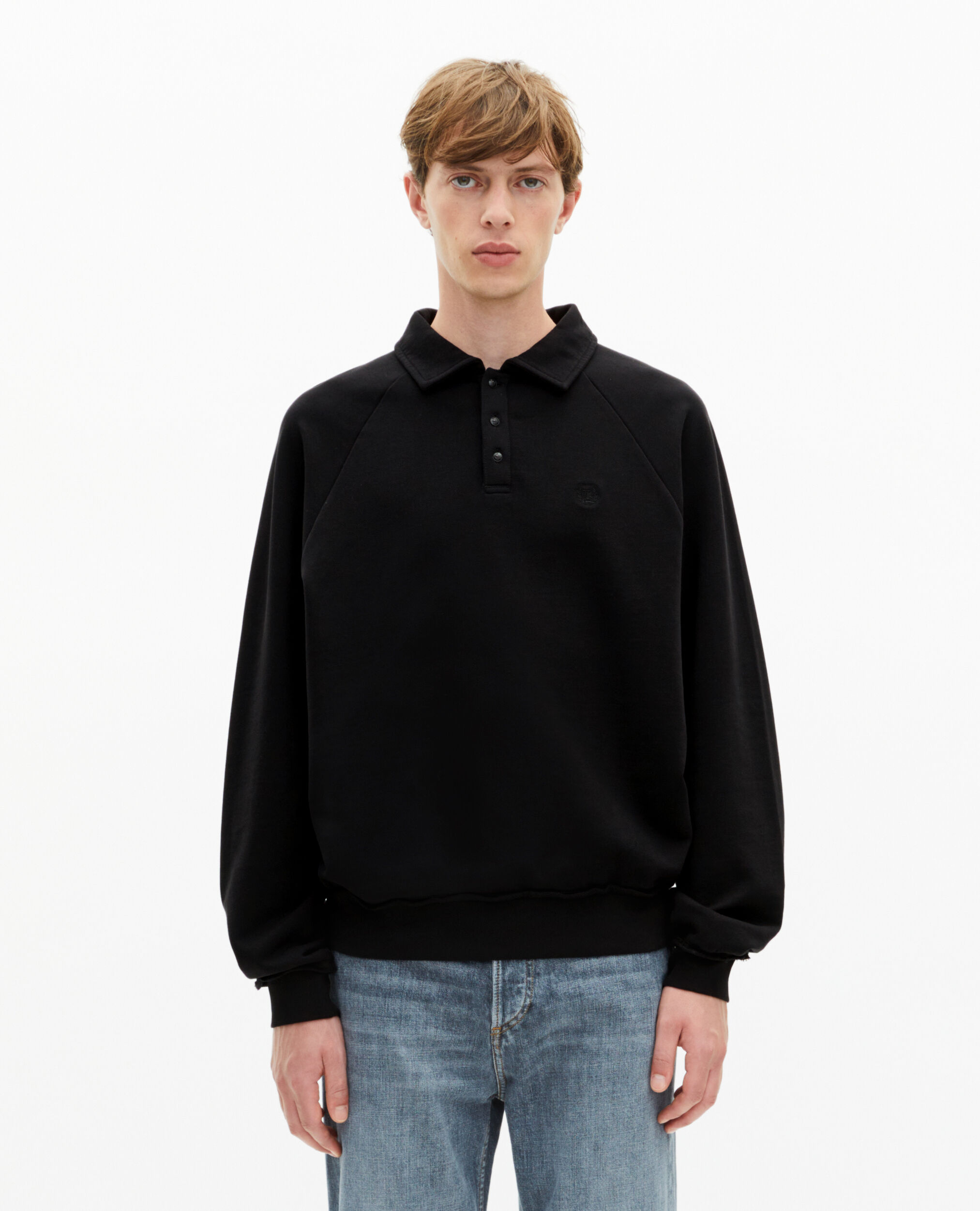 Sweatshirt col polo noir, BLACK WASHED, hi-res image number null