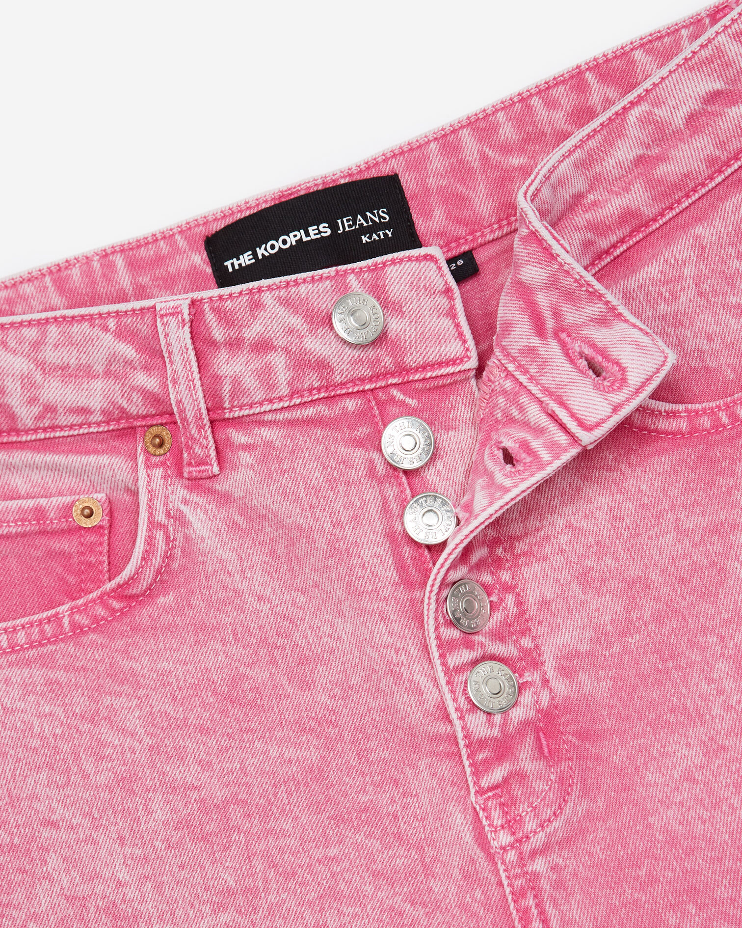 High-waisted pink jeans with visible buttons, FRESH PINK, hi-res image number null