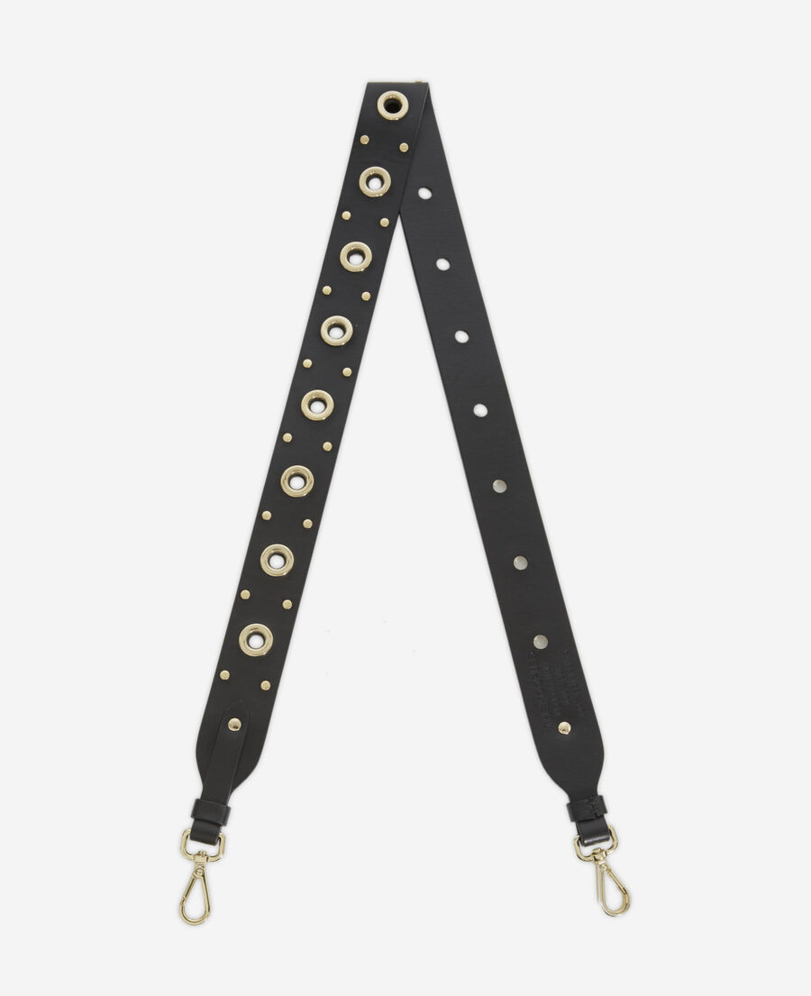 black leather handle with gold eyelets