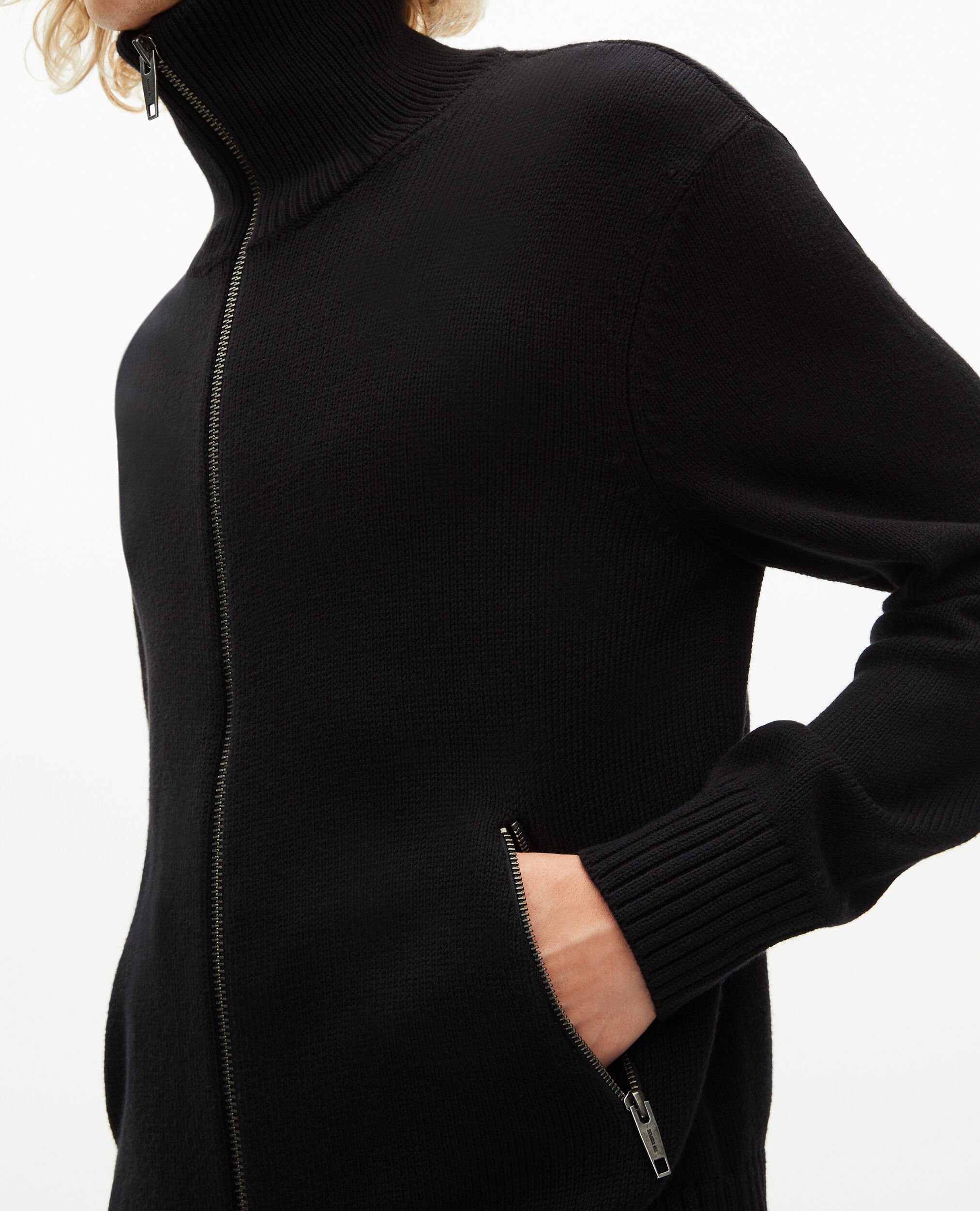 Black zip-up cardigan, BLACK, hi-res image number null