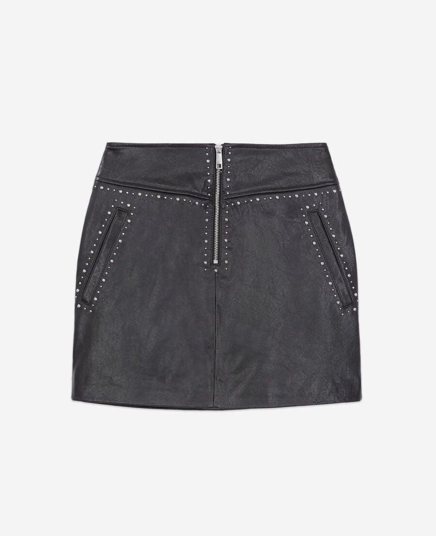 The Kooples WOMEN BLACK short black leather skirt with studs