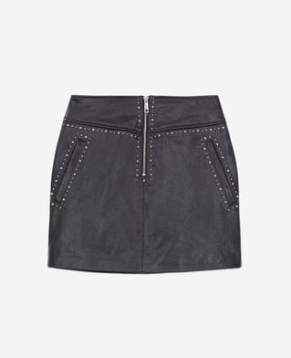 The Kooples WOMEN BLACK short black leather skirt with studs
