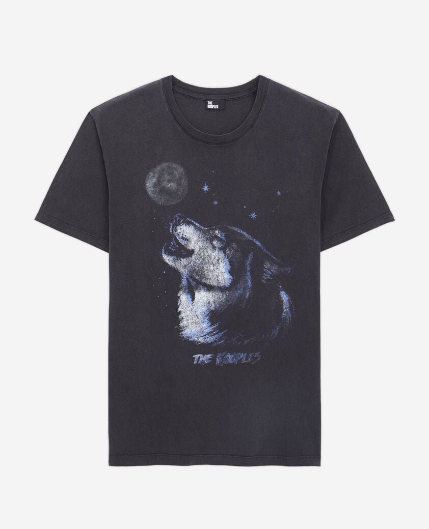 The Kooples MEN BLACK WASHED men's black t-shirt with wolf serigraphy
