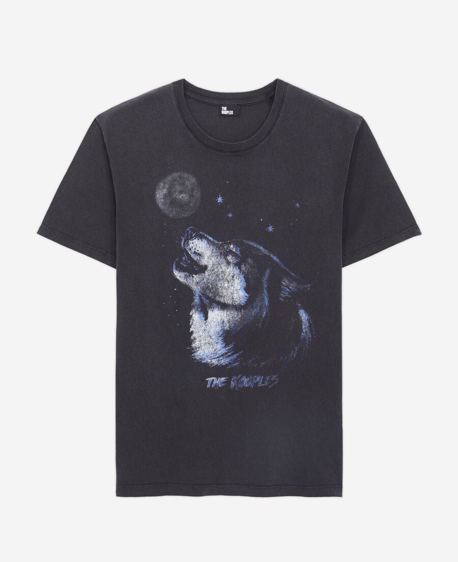 The Kooples H BLACK WASHED men's black t-shirt with wolf serigraphy