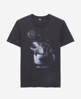 The Kooples H BLACK WASHED men's black t-shirt with wolf serigraphy