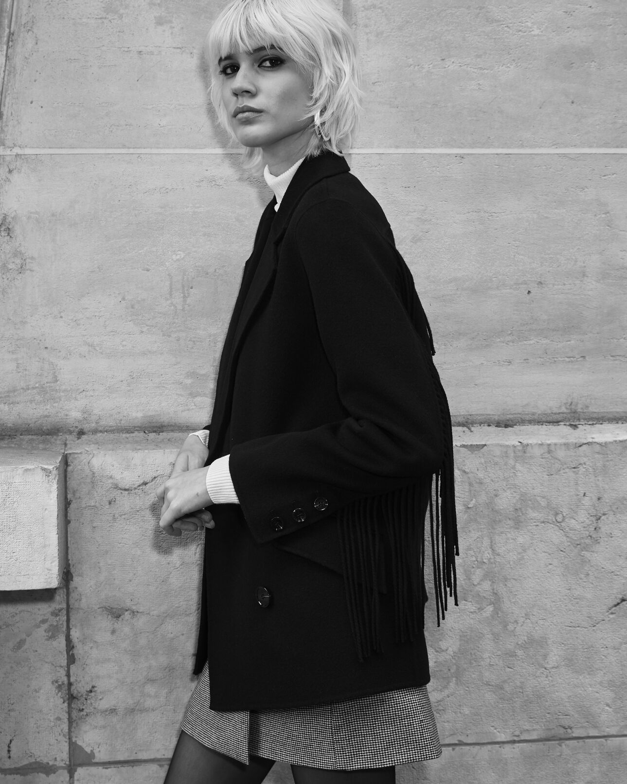 The Kooples FEMME BLACK manteau laine noir court à franges