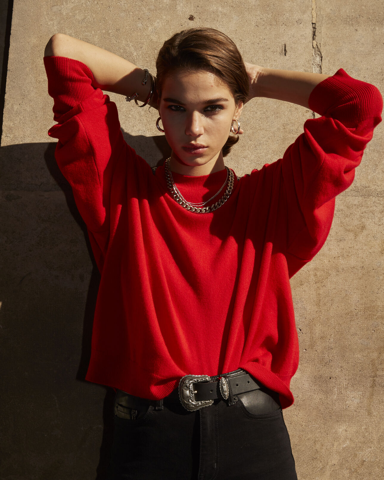 The Kooples FEMME RED pull cachemire rouge façon cotte de mailles