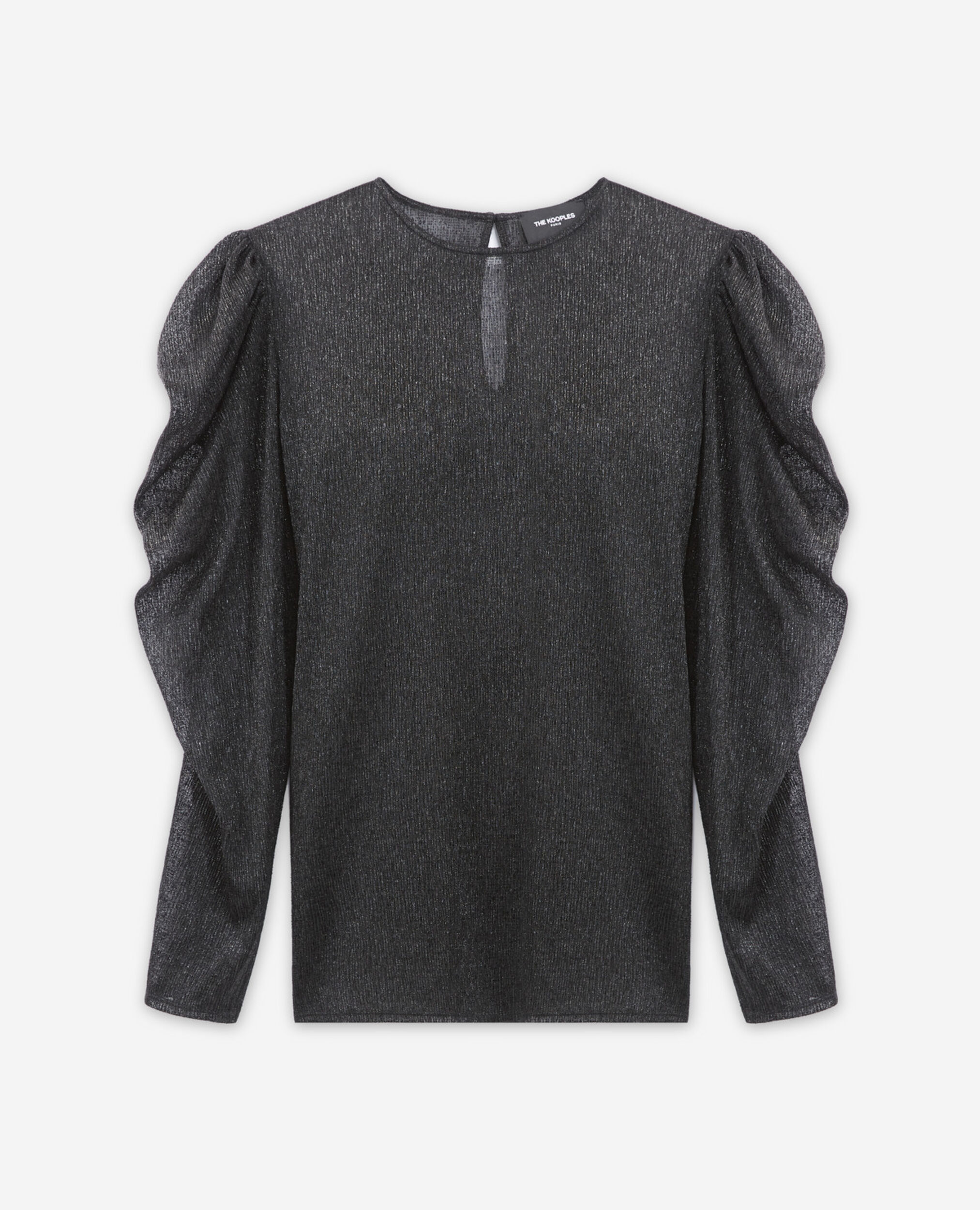 Flowing black top with puffed sleeves, BLACK, hi-res image number null