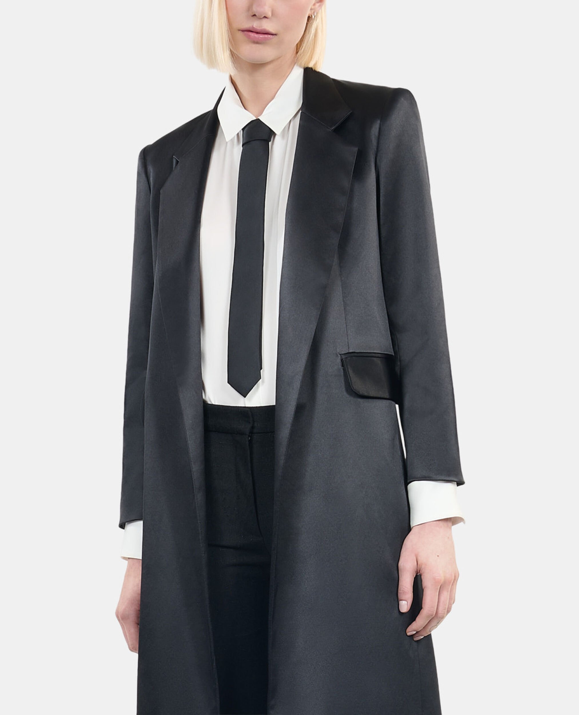 The Kooples x Carolina Ritzler black satin coat, BLACK, hi-res image number null