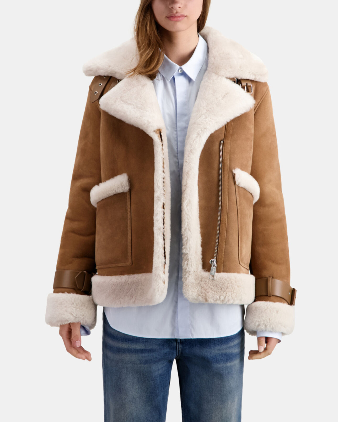 The Kooples WOMEN BEIGE camel shearling jacket
