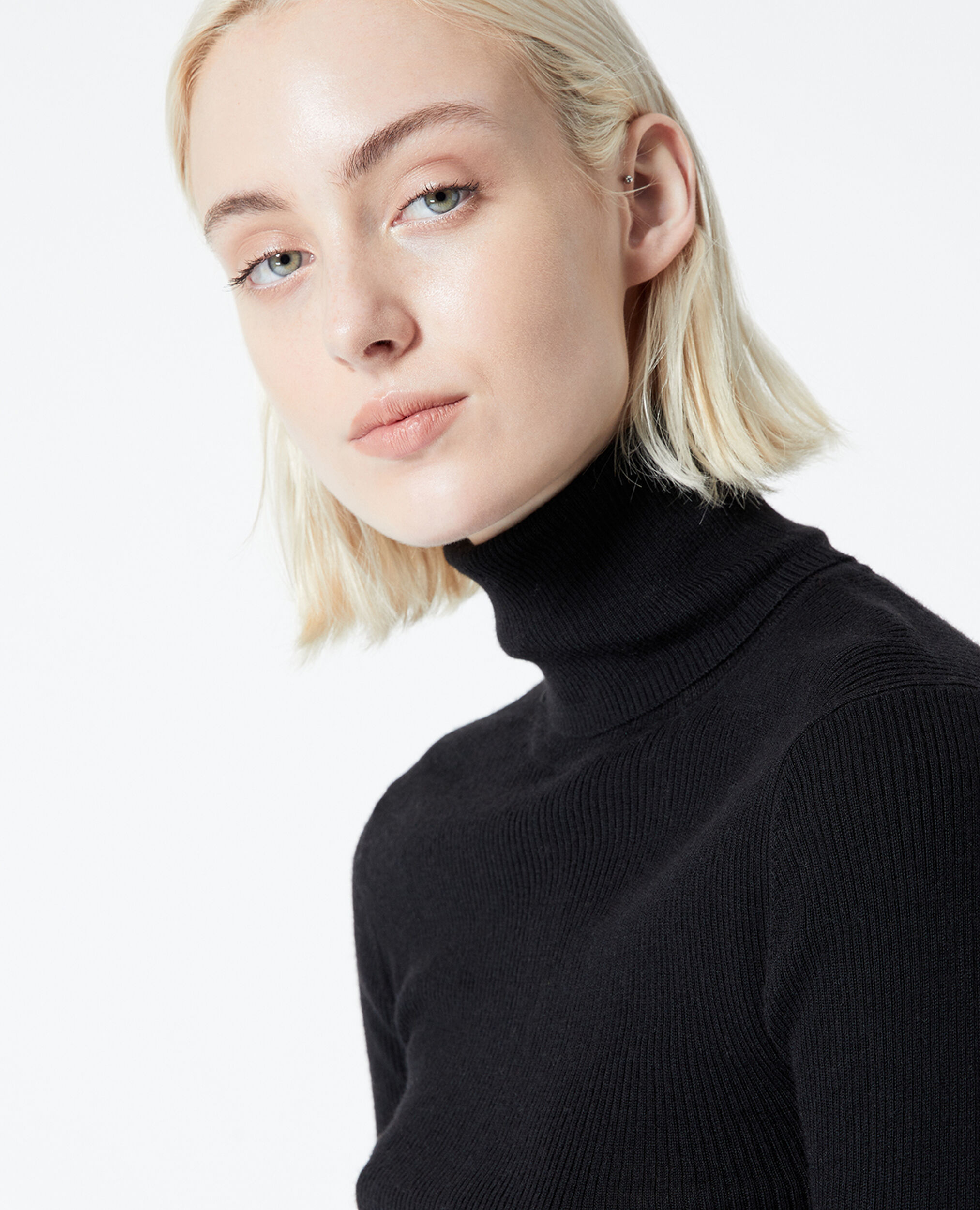 Fitted black merino wool sweater, BLACK, hi-res image number null