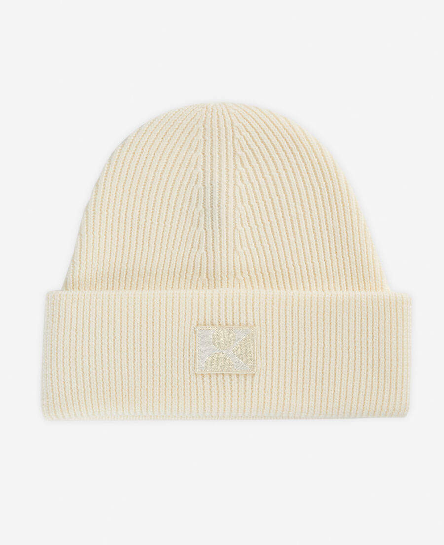 ecru wool beanie with embroidered k patch