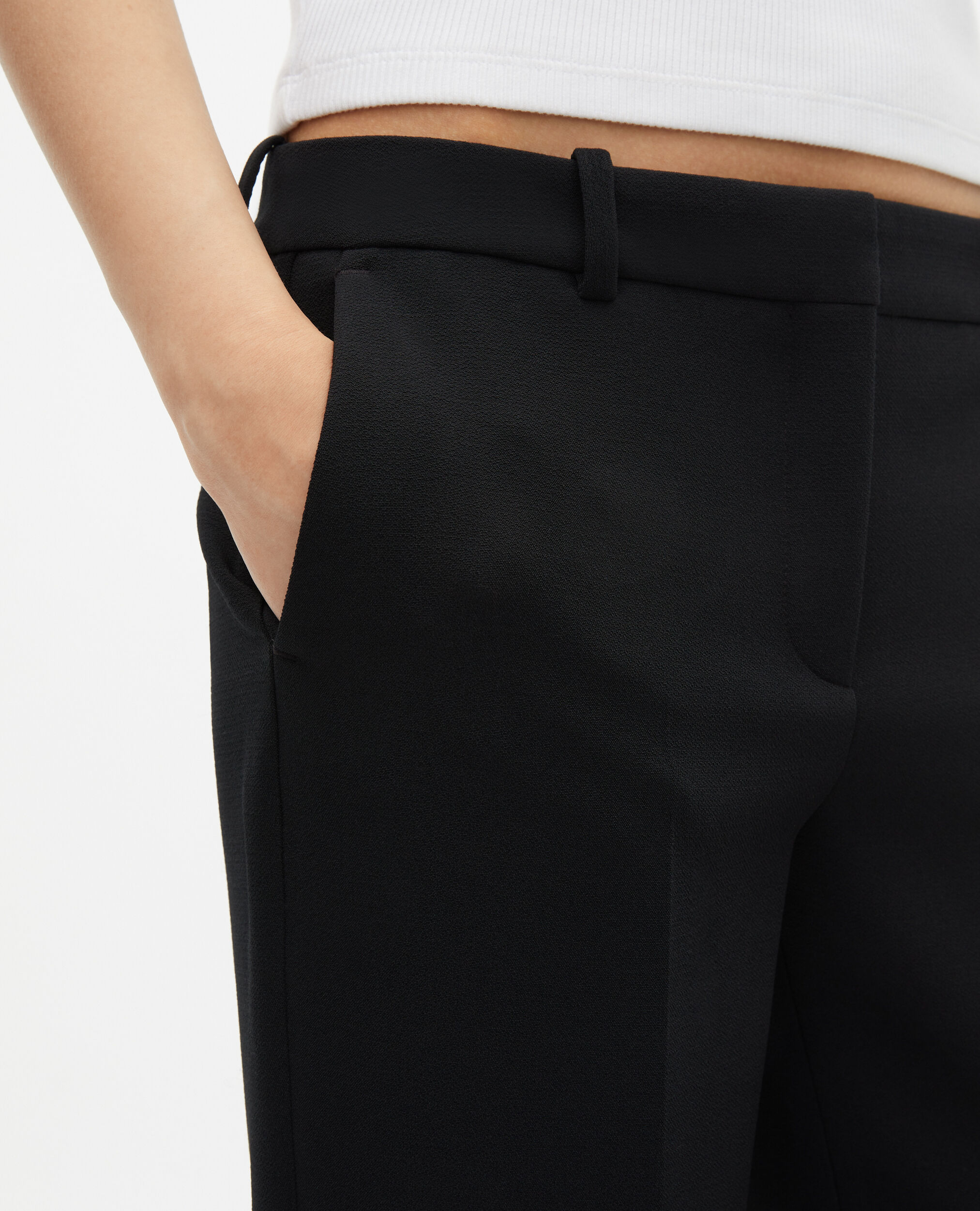 Black crepe tailored pants, straight cut, BLACK, hi-res image number null
