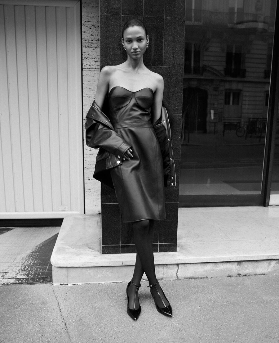 The Kooples F BLACK short strapless black leather dress