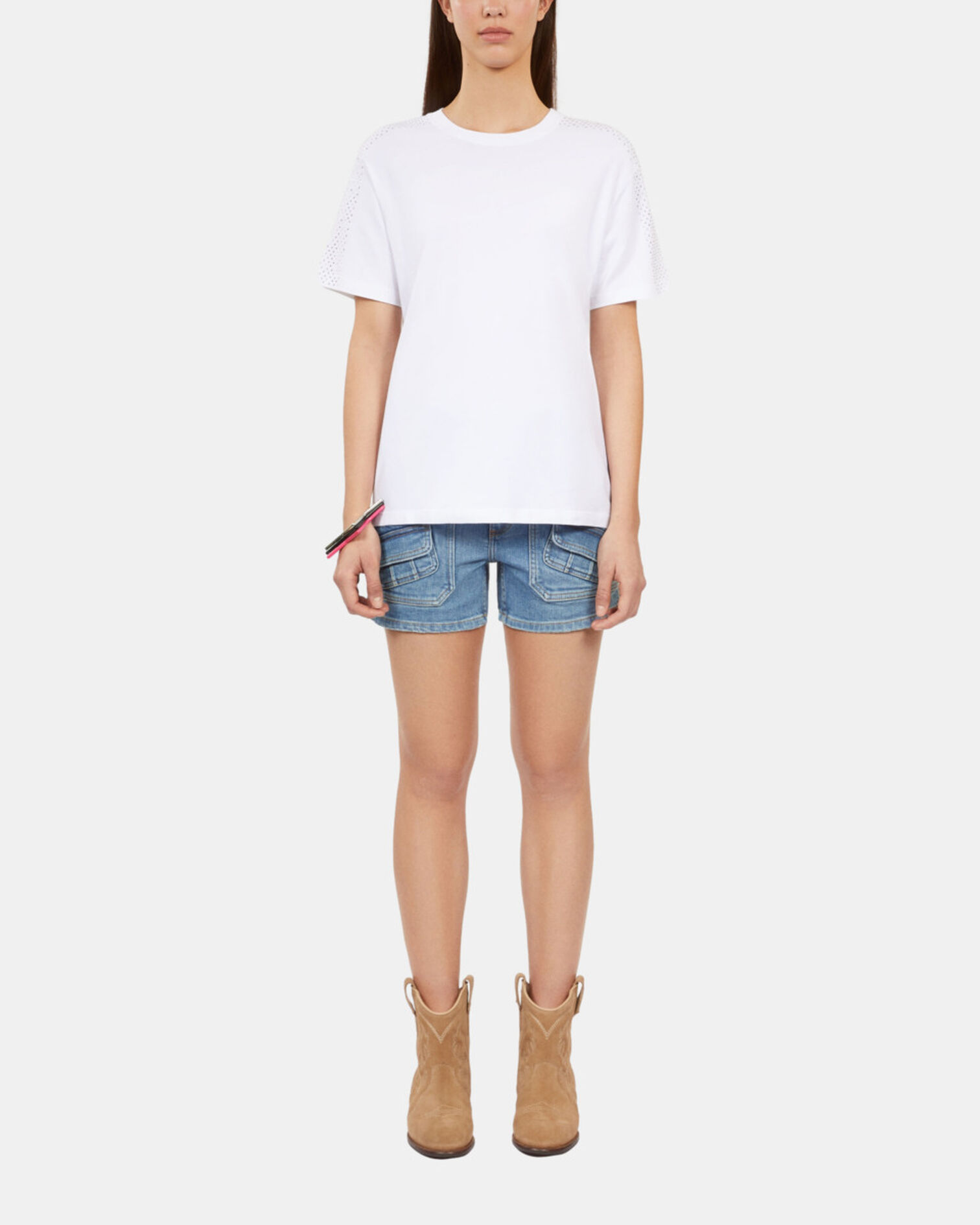 Women's white t-shirt with rhinestones, WHITE, hi-res image number null