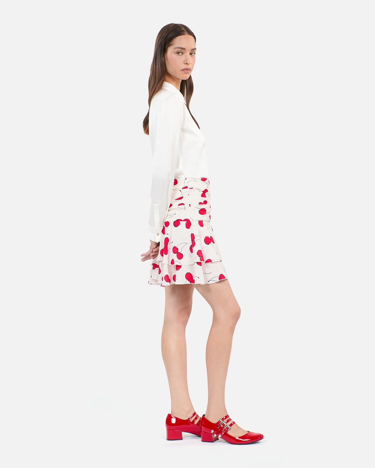 The Kooples FEMME ECRU RED jupe courte drapée avec imprimé cerise