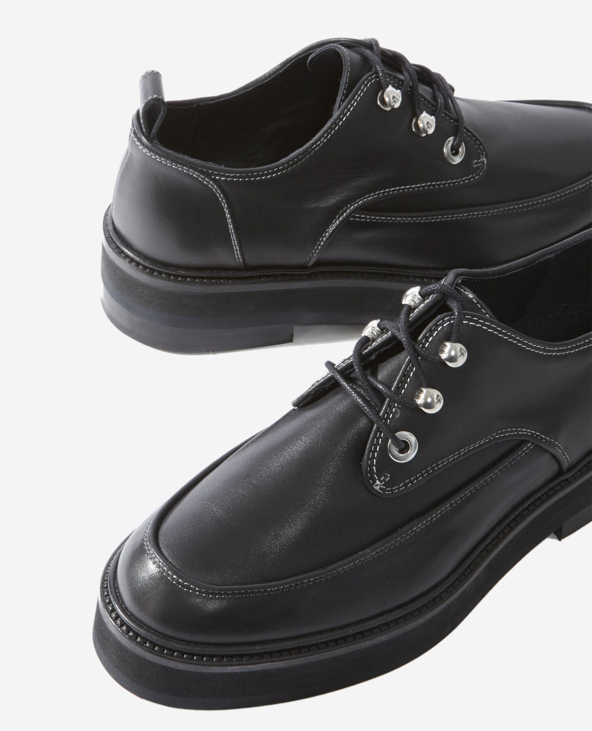 Zapatos derby negros de piel lisa pespuntes, BLACK, hi-res image number null