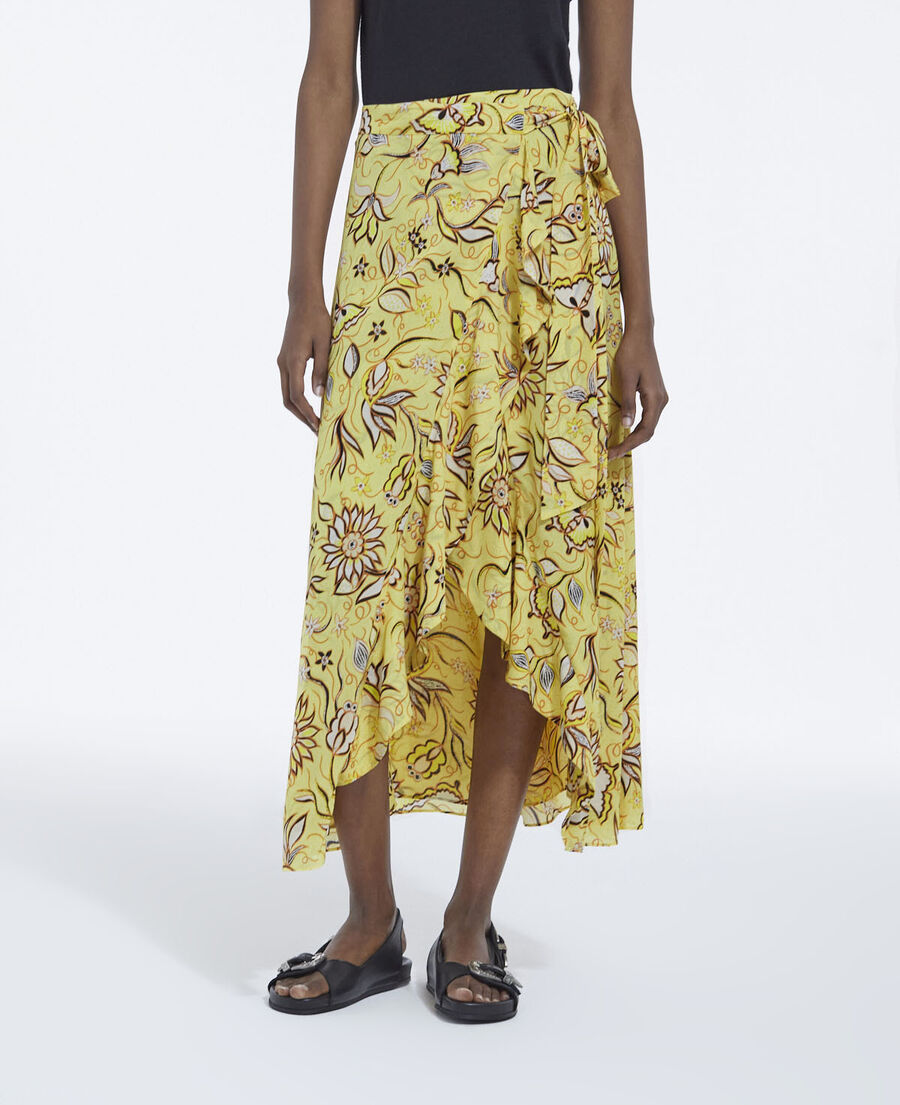 jupe longue portefeuille à fleurs jaunes