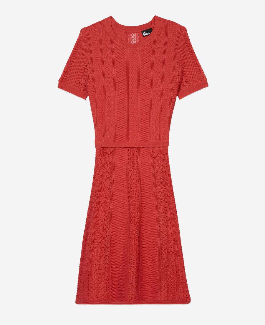 The Kooples WOMEN RED BRIQUE short red openwork knit dress
