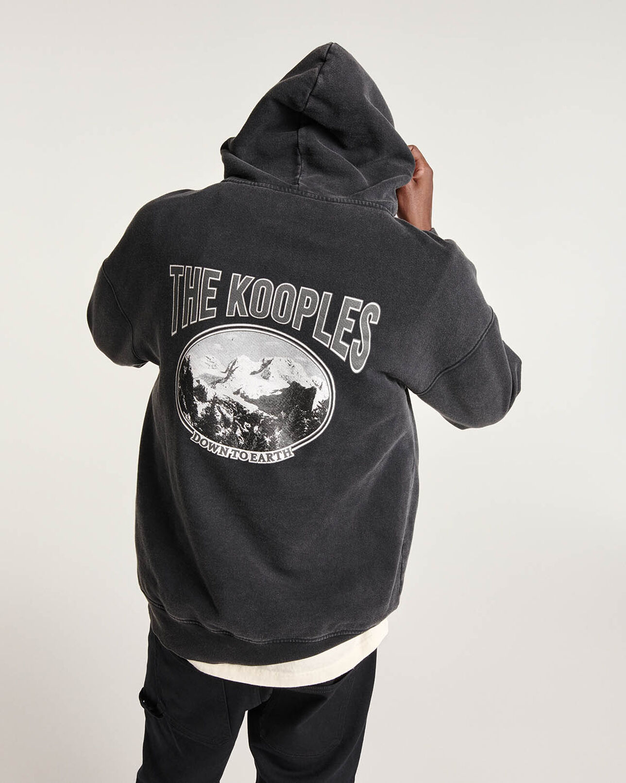 The Kooples MEN BLACK WASHED cotton black hoodie with printed logo