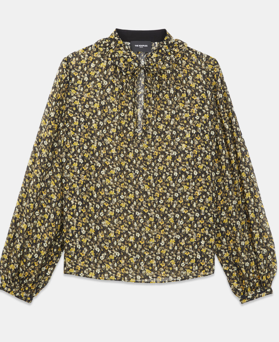 The Kooples F BLACK-ORANGE floral black and yellow top in knotted silver details