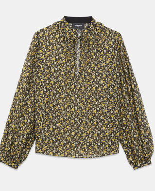 The Kooples F BLACK-ORANGE floral black and yellow top in knotted silver details