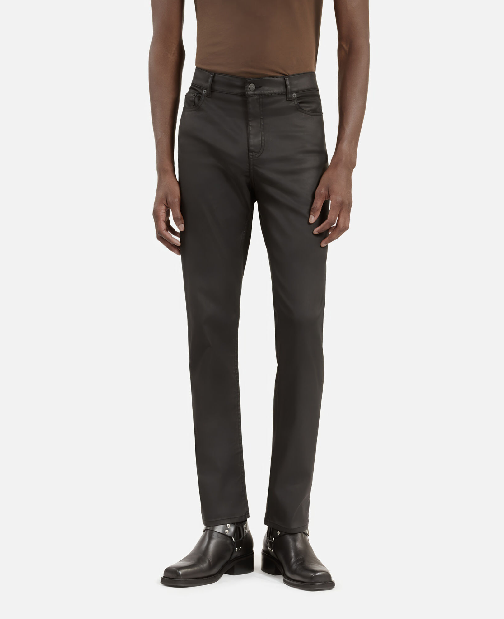 The Kooples MEN BLACK black leather-effect straight-cut jeans