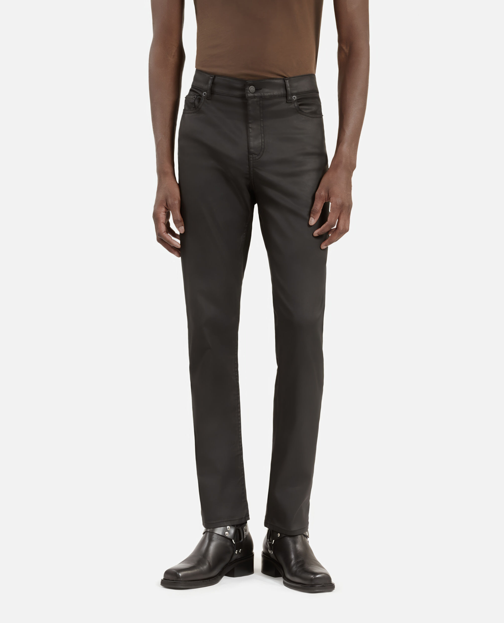 Black leather-effect straight-cut jeans, BLACK, hi-res image number null