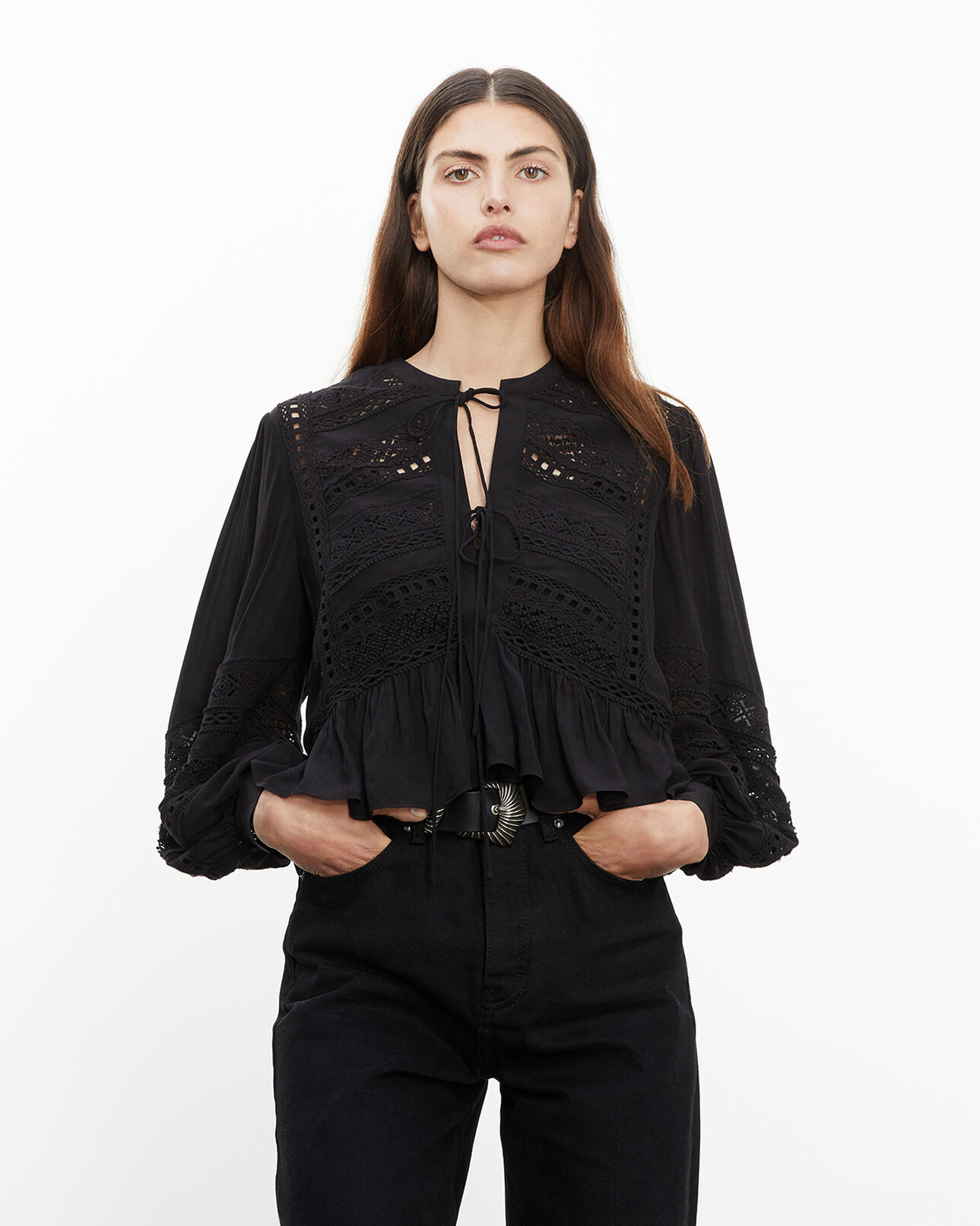 The Kooples WOMEN BLACK flowing black top with frill and lace