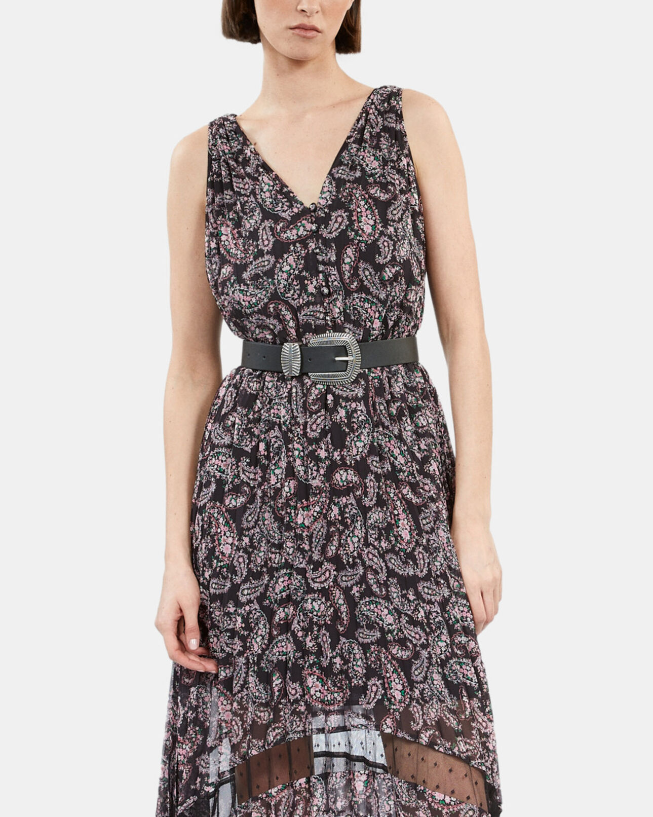 The Kooples FEMME BLACK / PINK robe longue plissée imprimée