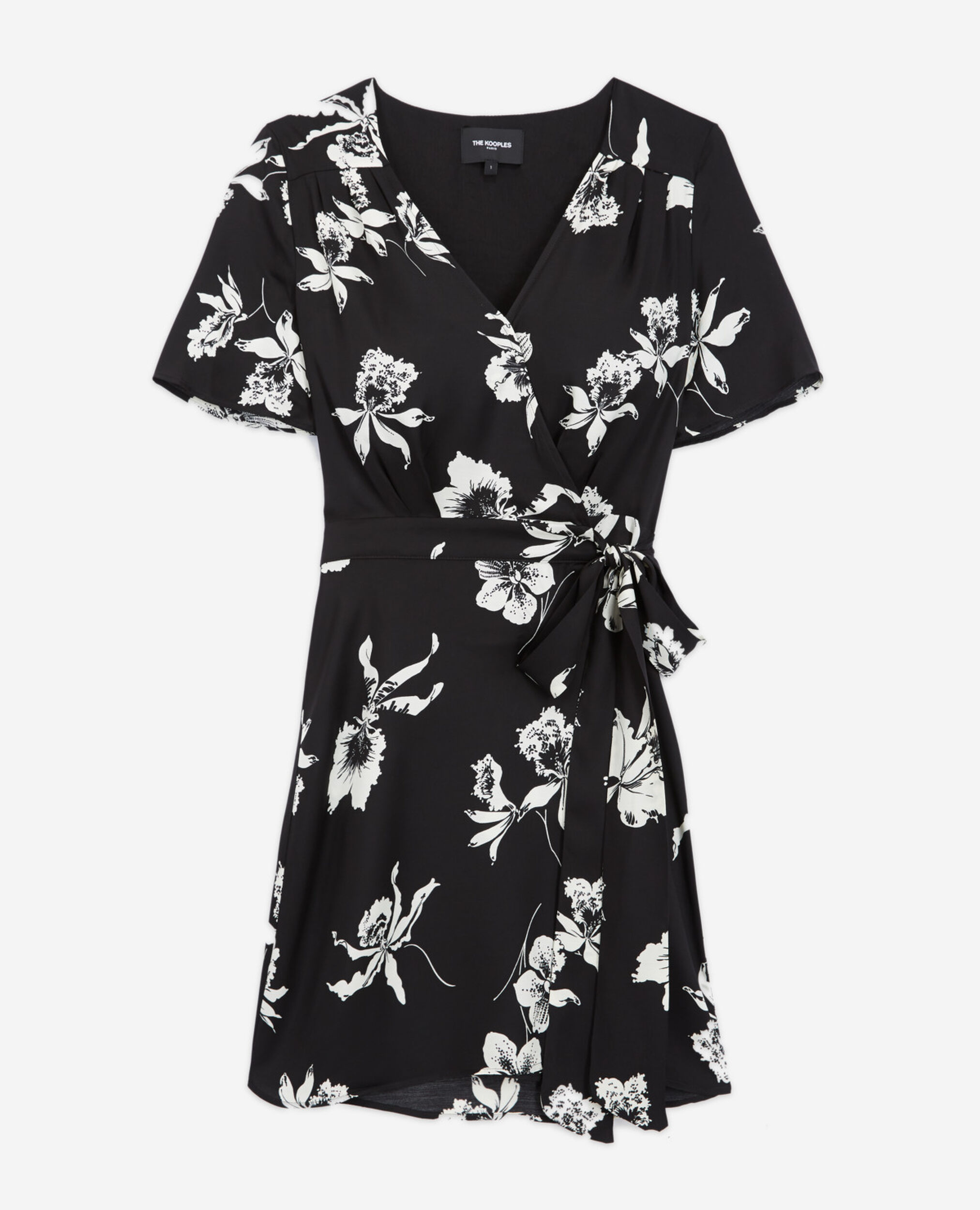 V-neck short black dress with floral print, BLACK WHITE, hi-res image number null