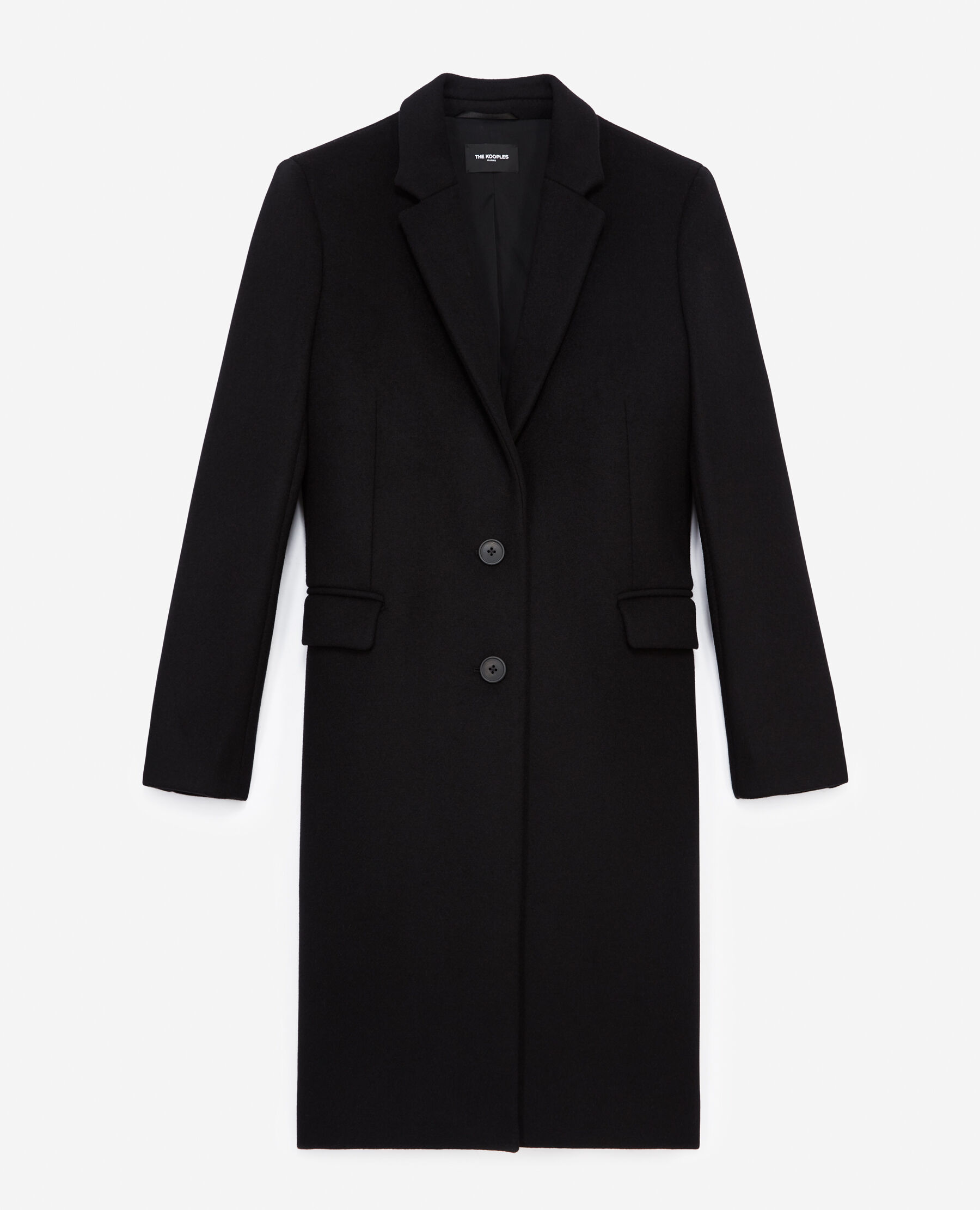 Fitted black wool coat with leather detail
