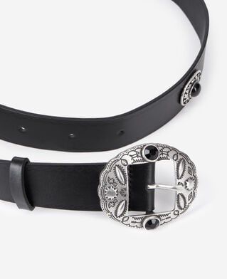 The Kooples F BLACK black leather belt with metallic inserts