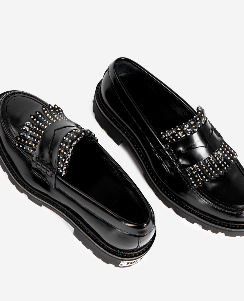 The Kooples WOMEN BLACK penny loafers in black leather with fringes and studs
