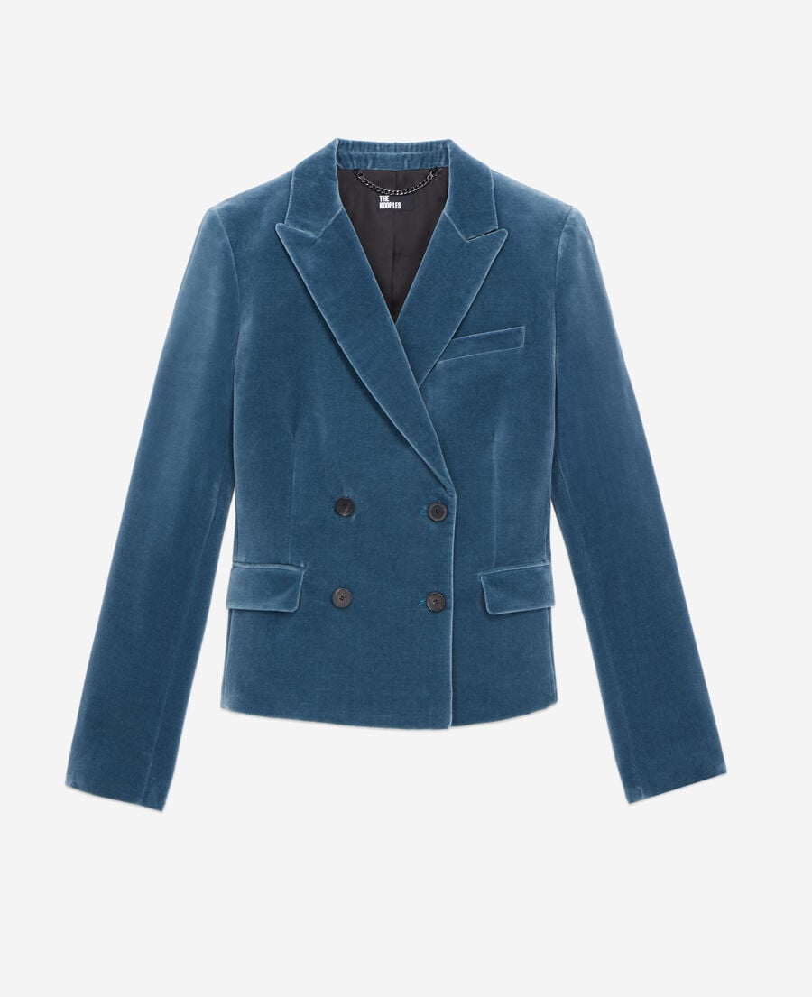 The Kooples FEMME BLUE PETROL veste tailleur bleue courte en velours