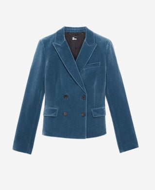 The Kooples FEMME BLUE PETROL veste tailleur bleue courte en velours