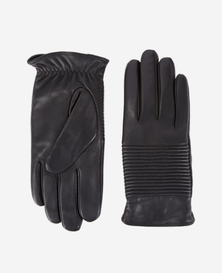 더 쿠플스 The Kooples Gants en cuir noir avec nervures,BLACK