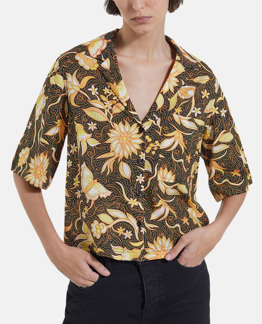 The Kooples MUJER BLACK camisa negra algod&oacute;n manga corta estampada