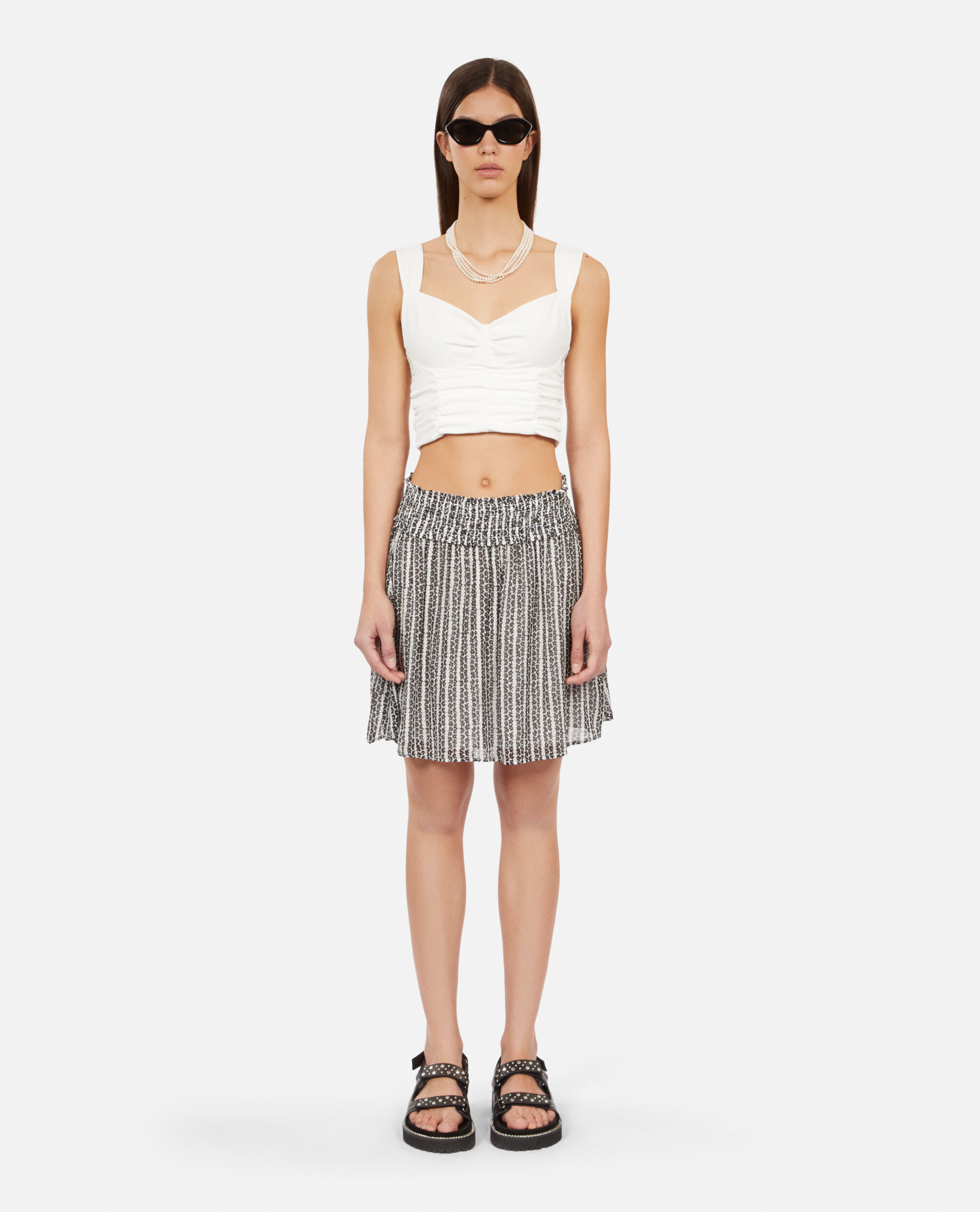 Short printed skirt with smocks, BLACK WHITE, hi-res image number null