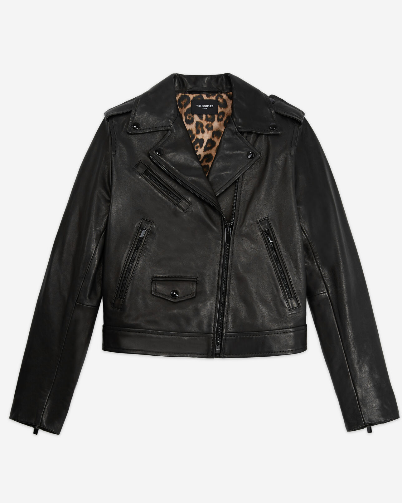 The Kooples FEMME BLACK blouson en cuir noir doublure léopard