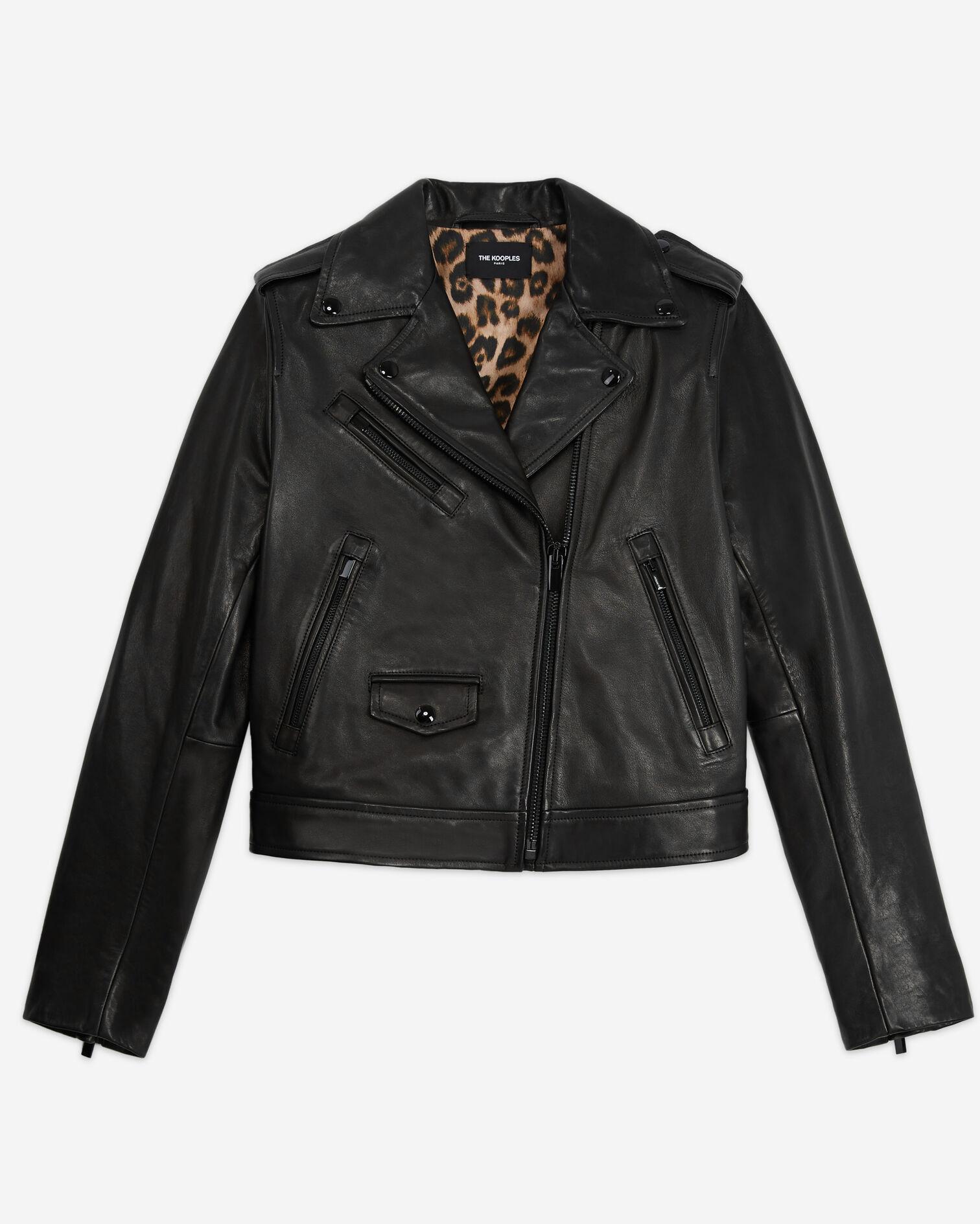 Blouson en cuir noir doublure léopard, BLACK, hi-res image number null