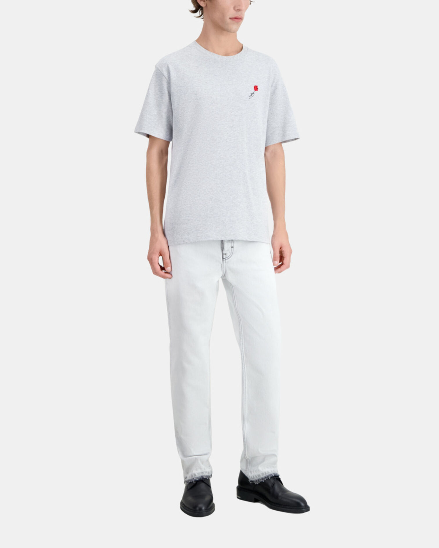 Graues T-Shirt Herren mit Blumen-Stickerei, GRIS CLAIR, hi-res image number null