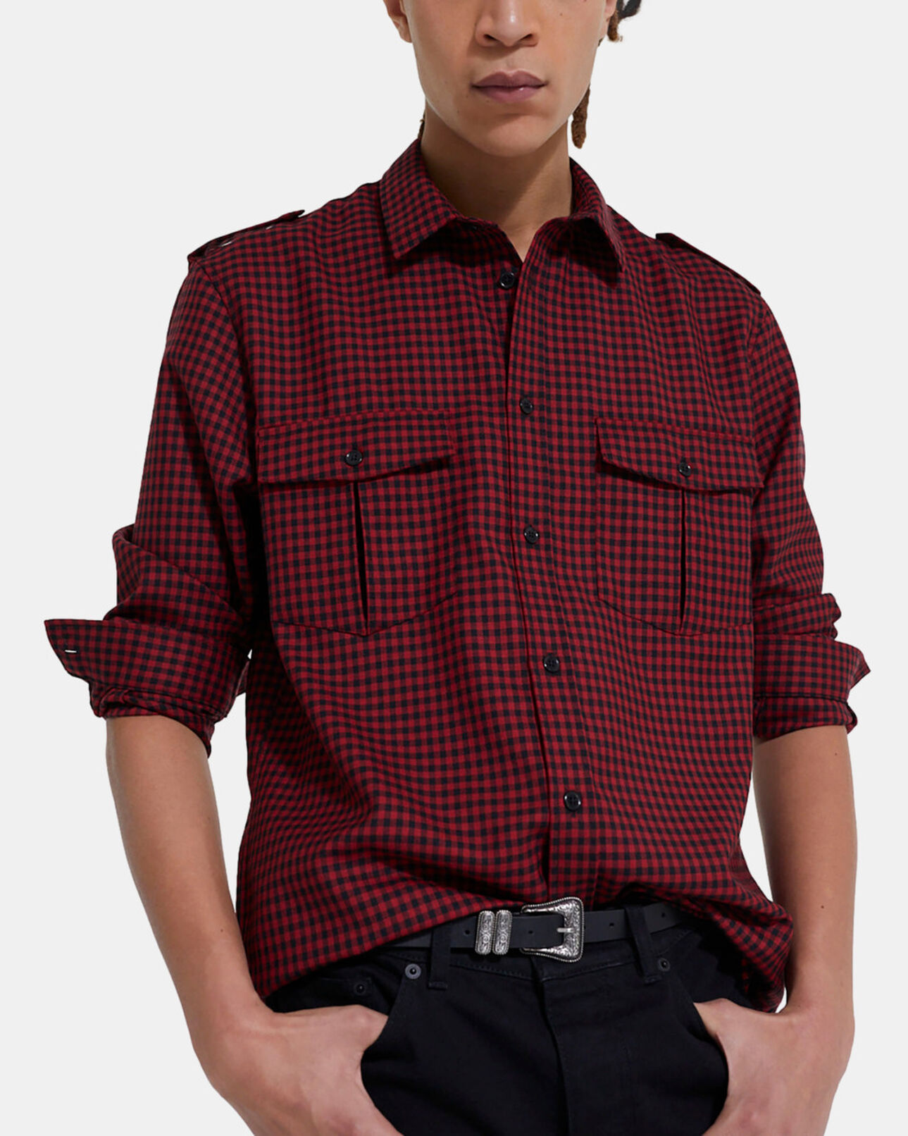The Kooples HOMME RED / BLACK chemise col classique en laine à carreaux