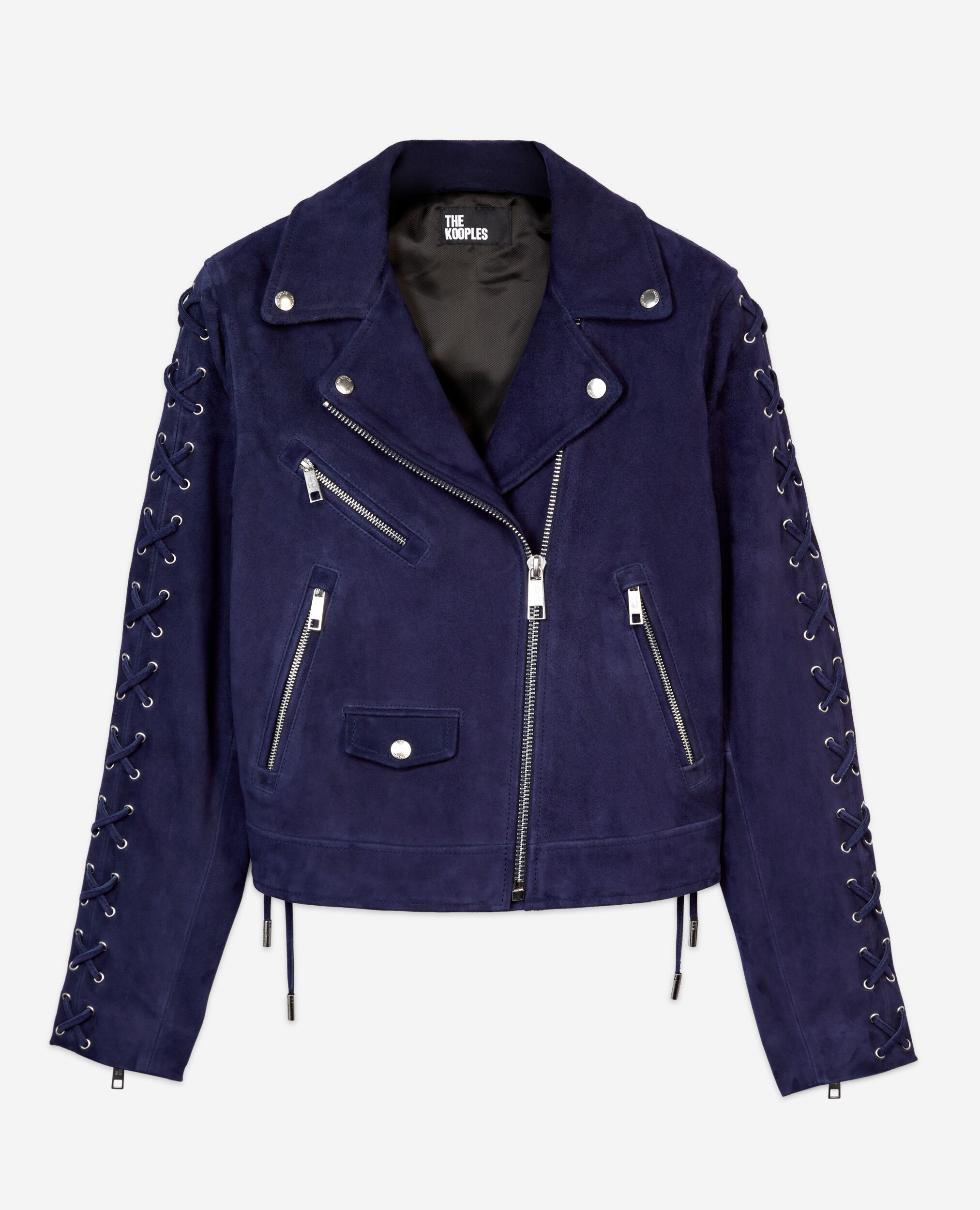 Navy blue suede leather biker jacket, DARK BLUE, hi-res image number null