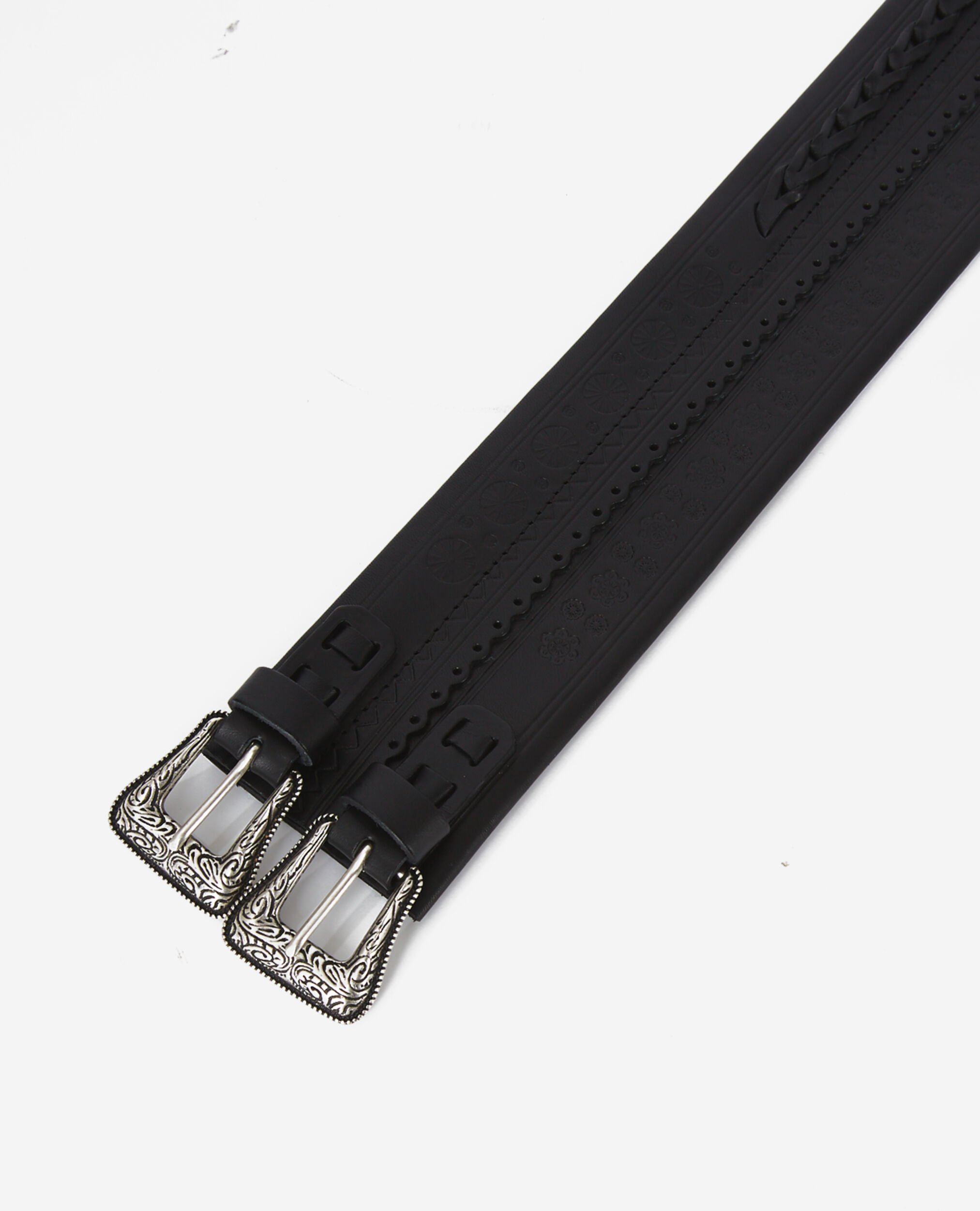 Ceinture noire large en cuir avec double boucle, BLACK, hi-res image number null