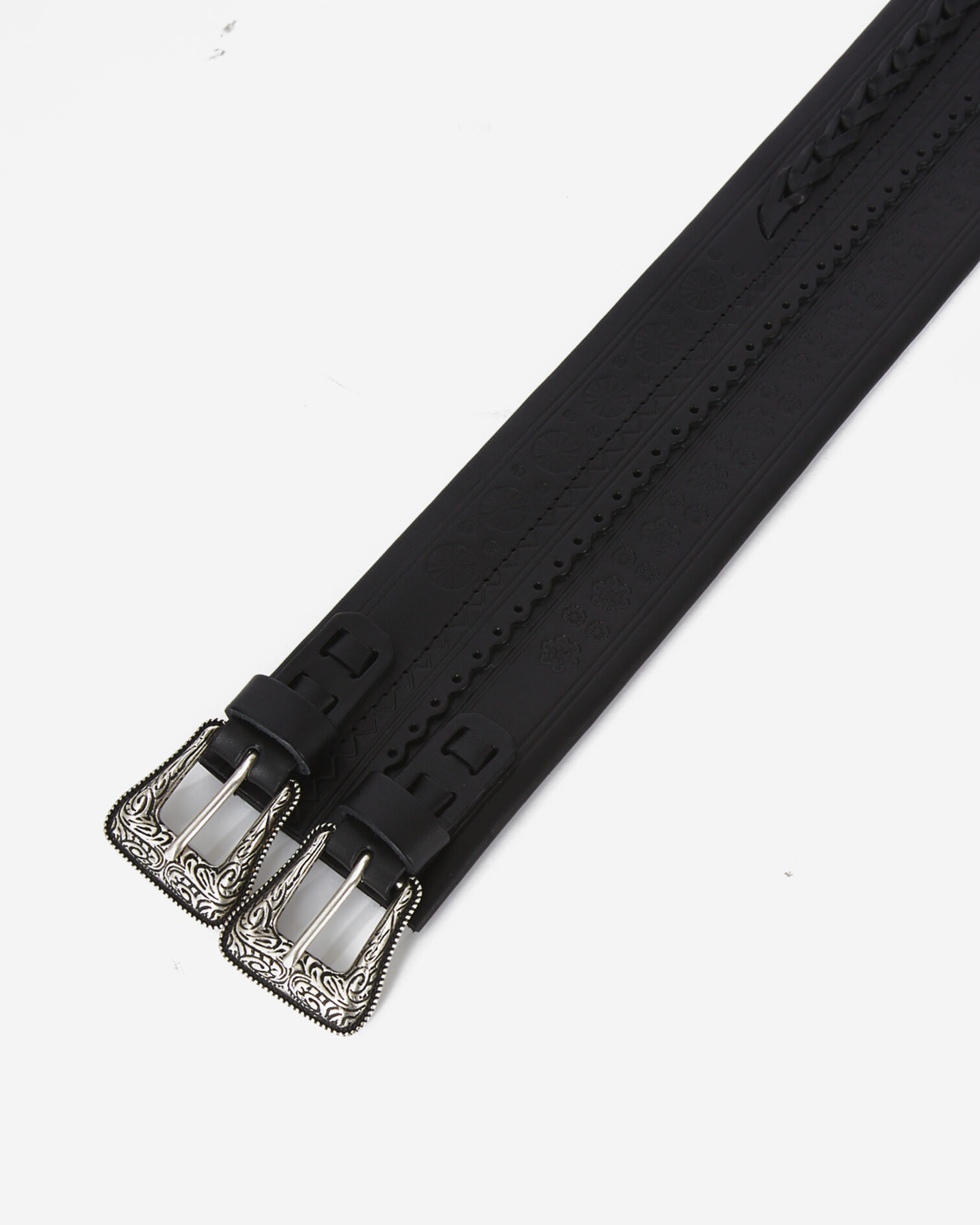 Wide black leather belt with double buckle, BLACK, hi-res image number null
