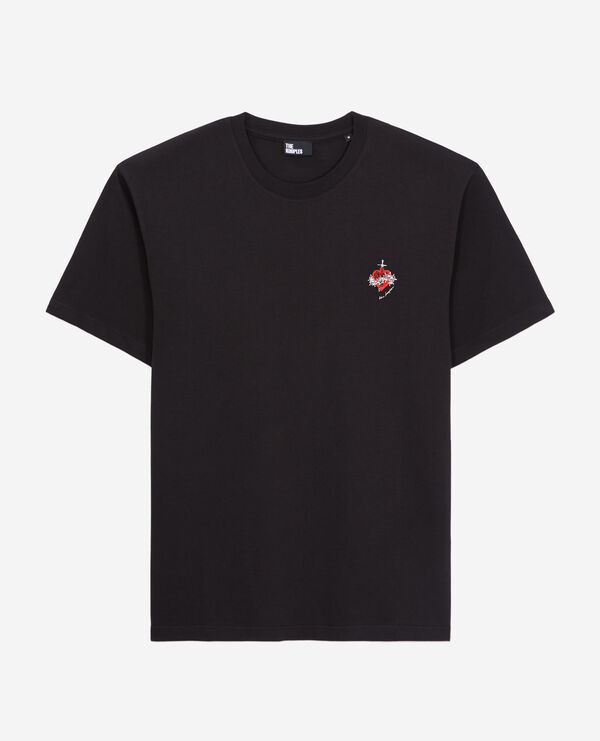 men's black t-shirt with dagger through heart embroidery