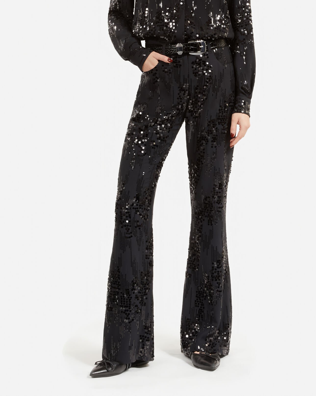The Kooples WOMEN BLACK black sequinned flare pants